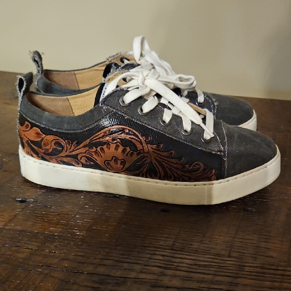 Myra Black and Brown Hand Tooled Leather Look Sneakers